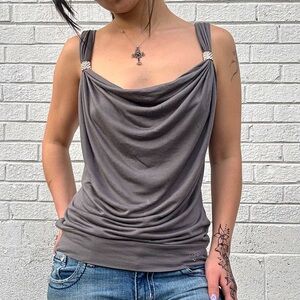 GUESS Jeans Y2K Rhinestone Cowl Neck Top XS Gray Drape Back
